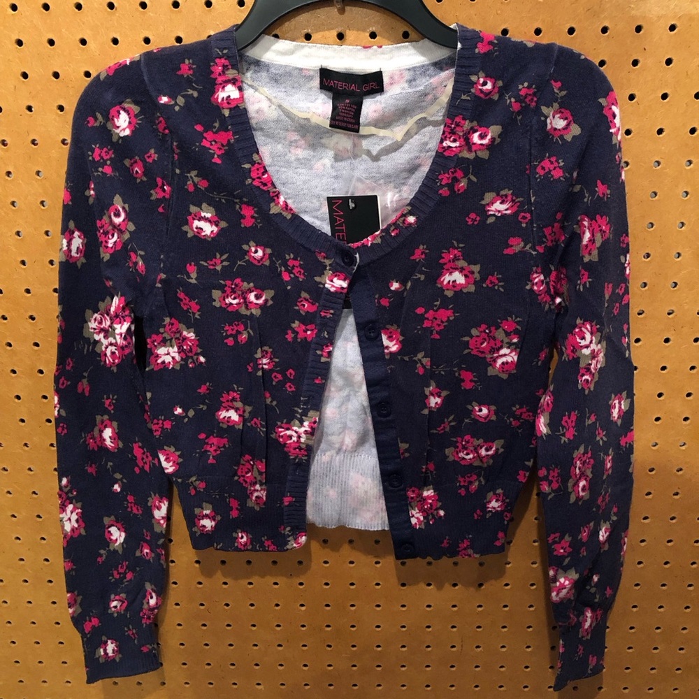 NWT Material Girl Navy Blue and Dark Pink Floral Cardigan
